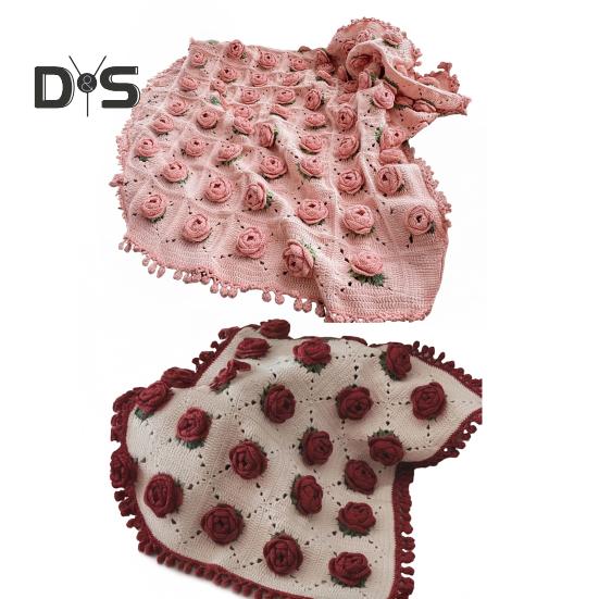 DIY Crochet Rose Flower Blanket Kit Handmade Yarn Knitting Floral Throw Blanket Mother's Day Valentine’s Day Birthday Women Beginner Gift