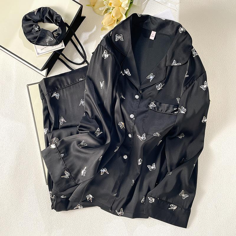 1011 New Pajamas Women's Spring, Summer and Autumn Ice Silk Long-sleeved Suit Temperament Internet Celebrity Style Can Be Worn Outside Loungewear