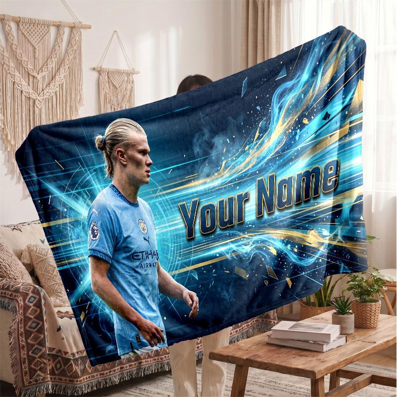 Erling Haaland Personalized Fleece Blanket With Football Logo, Custom Name Text Soft Warm Home Throw Blanket