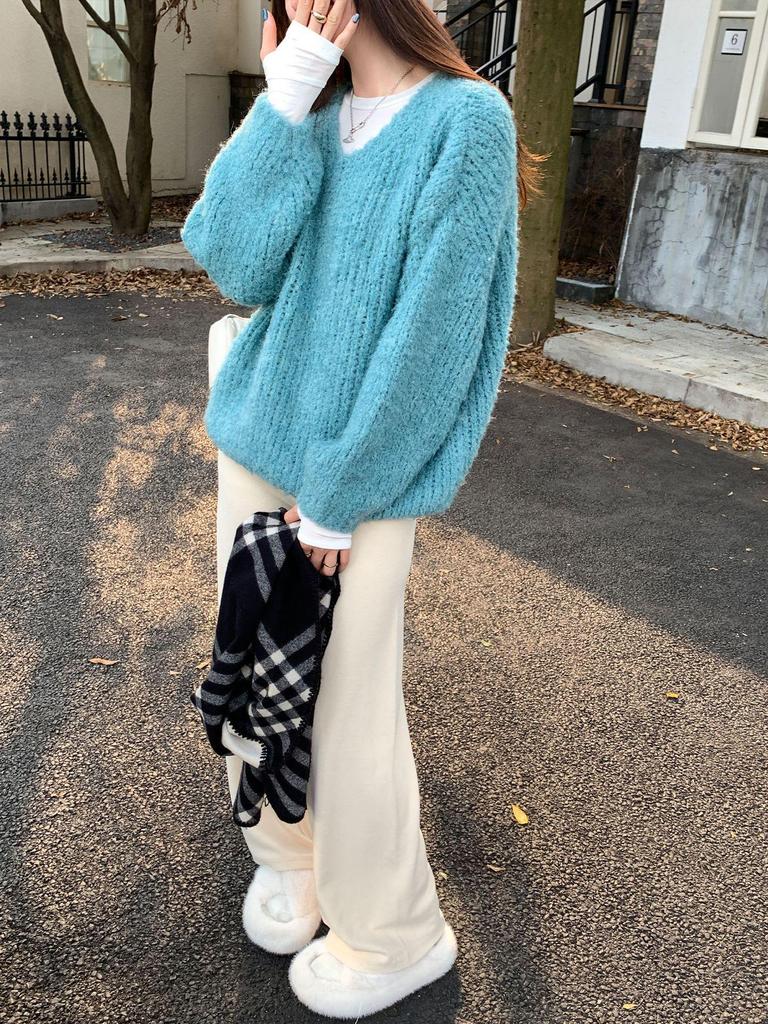 Women's Lake Blue V-Neck Autumn/Winter Korean Style Loose Knit Sweater - Cozy, Versatile, Age-Reducing