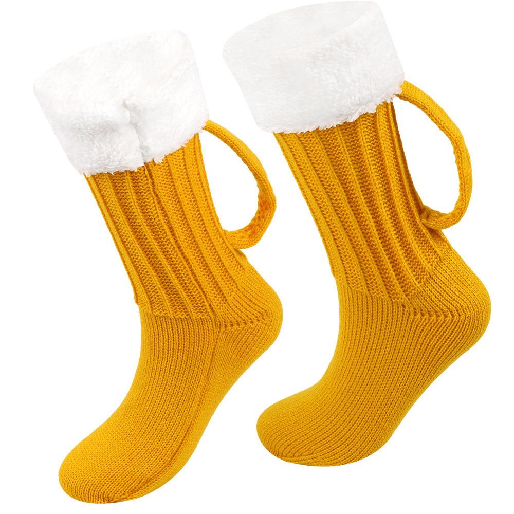 Funny 3D Beer Mug Knitted Socks Men's Padded Warm Mid-Calf Socks Women Winter Soft Sleep Floor Socks Woolen Socks Christmas Gift