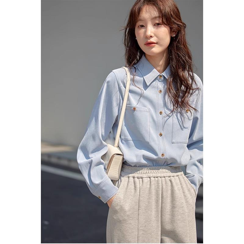 Korean Polo Collar Shirt for Women New Cream Blue Temperament Lapel Sense Commuter Shirt
