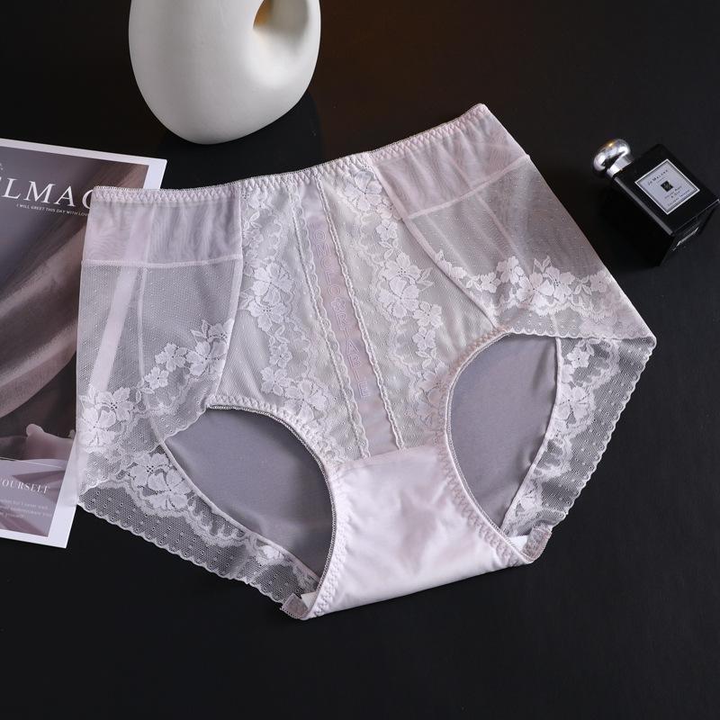 Women's Summer New Chinese Light Luxury Sexy Satin Soft Lace Traceless Breathable Mid Waist Panties