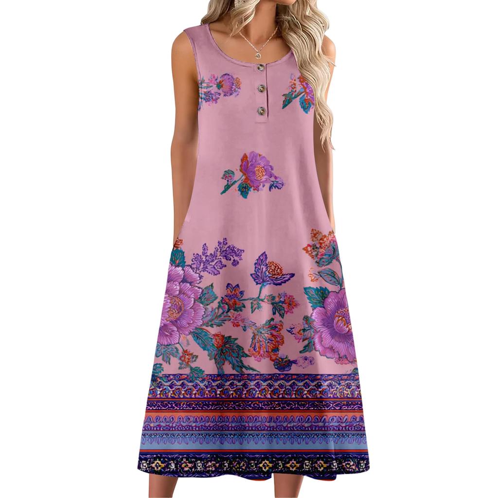 Women's Fashion Casual Sleeveless Button Floral Print Dress with Pocket