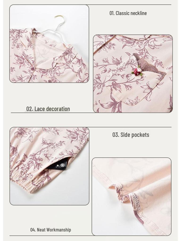 Women's Autumn Cardigan Pajama Set - Lycra Cotton, Long Sleeve & Pants, Lightweight, Loose-Fit, Simple Style