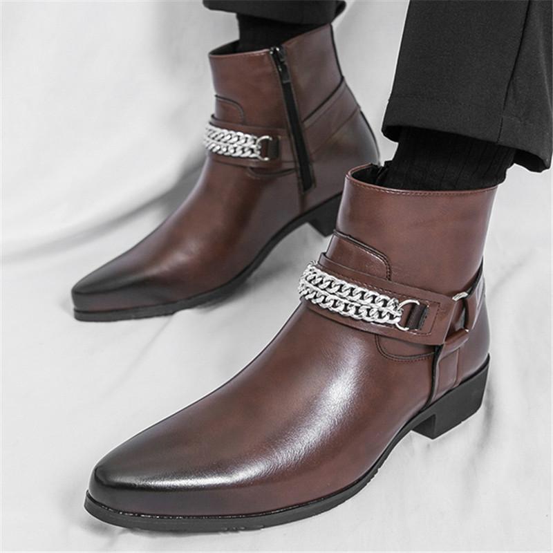 Designer New Men Metal Chain Pointed Toe Casual Ankle Boot Male Winter Fashion Black Brown Chelsea Leather Shoes Zapatos Hombre