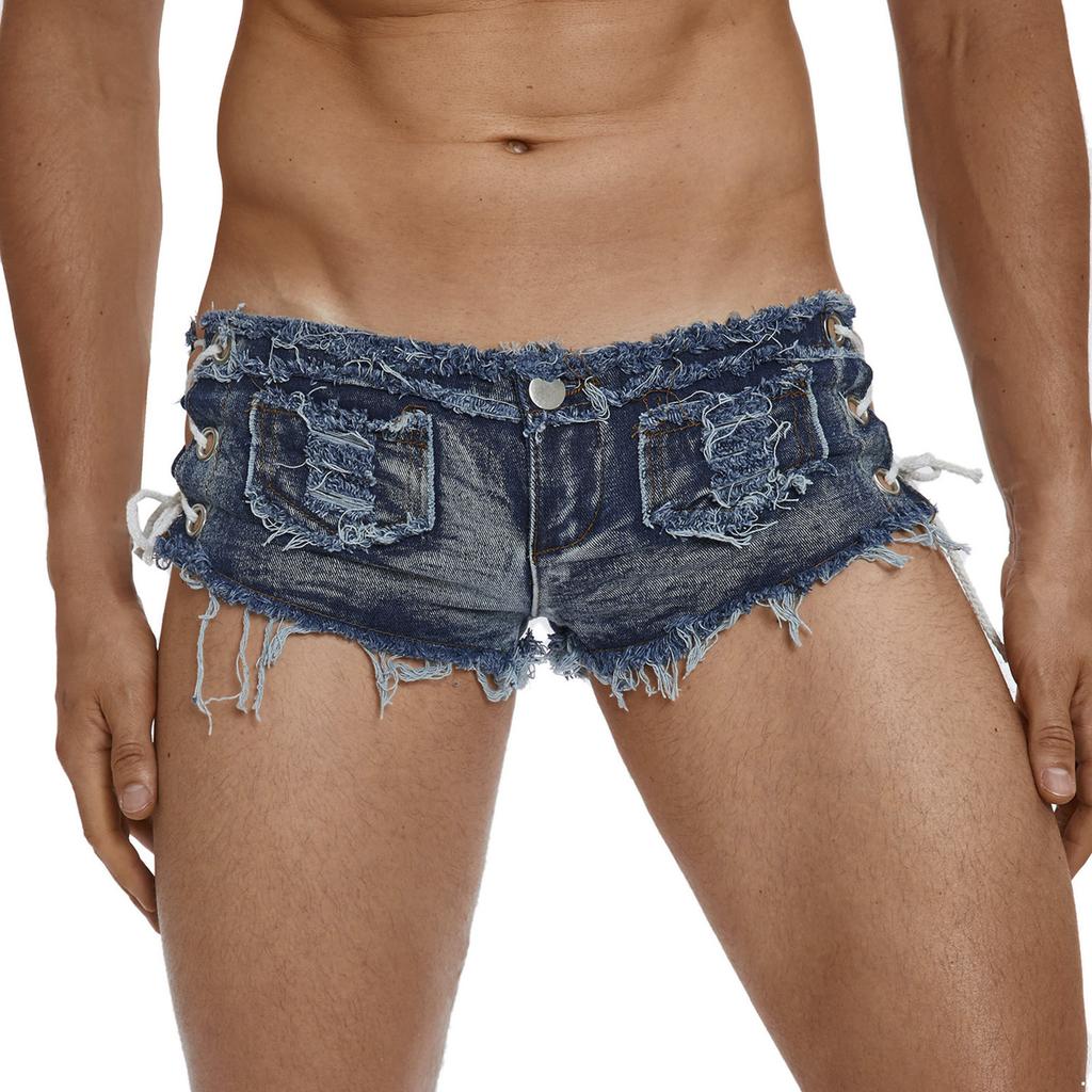Men’s Low Rise Extra Short Denim Shorts Raw Edge Ripped Side Lace Up Hot Pants for Rave Clubbing