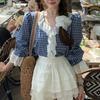Women's Checkered Shirt Loose V-neck Lace Patchwork Design Famale Puff Sleeve Blouse Spring Summer Daily Fashion Ladies Pullover Top
