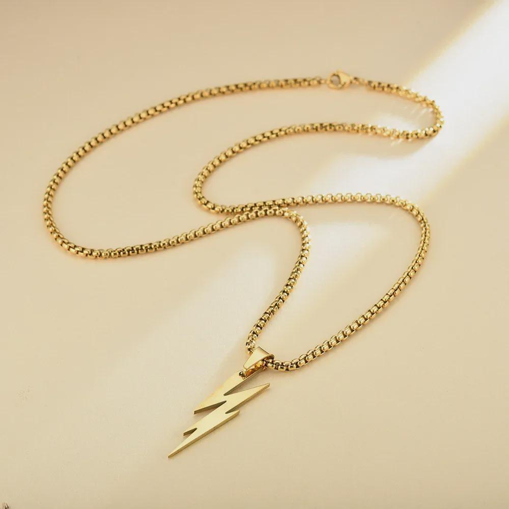 European & American Hip Hop Titanium Steel Lightning Pendant Necklace with Men's Square Pearl.