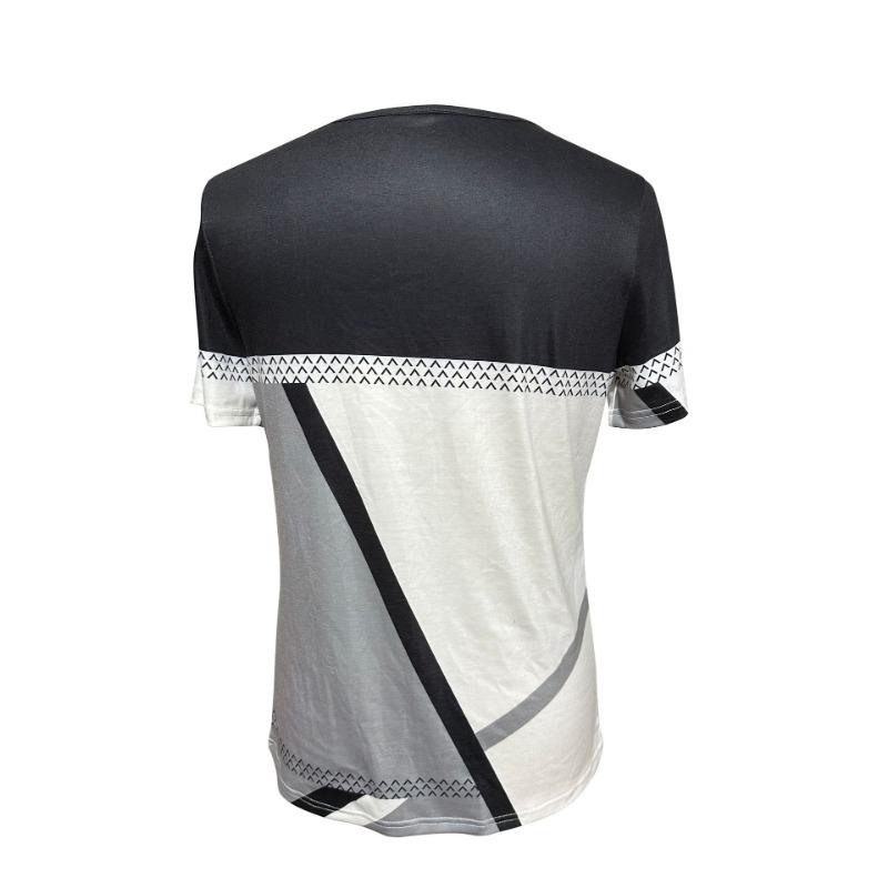 Women Crew Neck Geometric Color Block Print Short Sleeve Loose Casual Tee