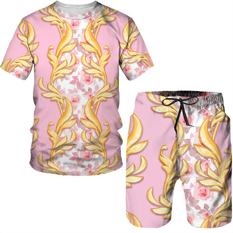 

Мужской спортивный костюм Vintege в стиле барокко с 3D принтом, модные футболки/шорты/комплекты с золотым узором в стиле хип-хоп, мужская уличная одежда, костюм 4XL