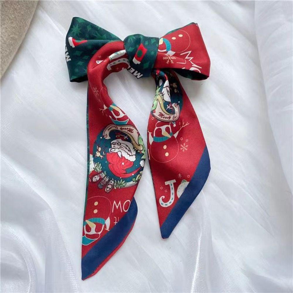 Ribbon Headband Christmas Silk Scarf Printed New Year Scarf Retro Long Scarf  Women