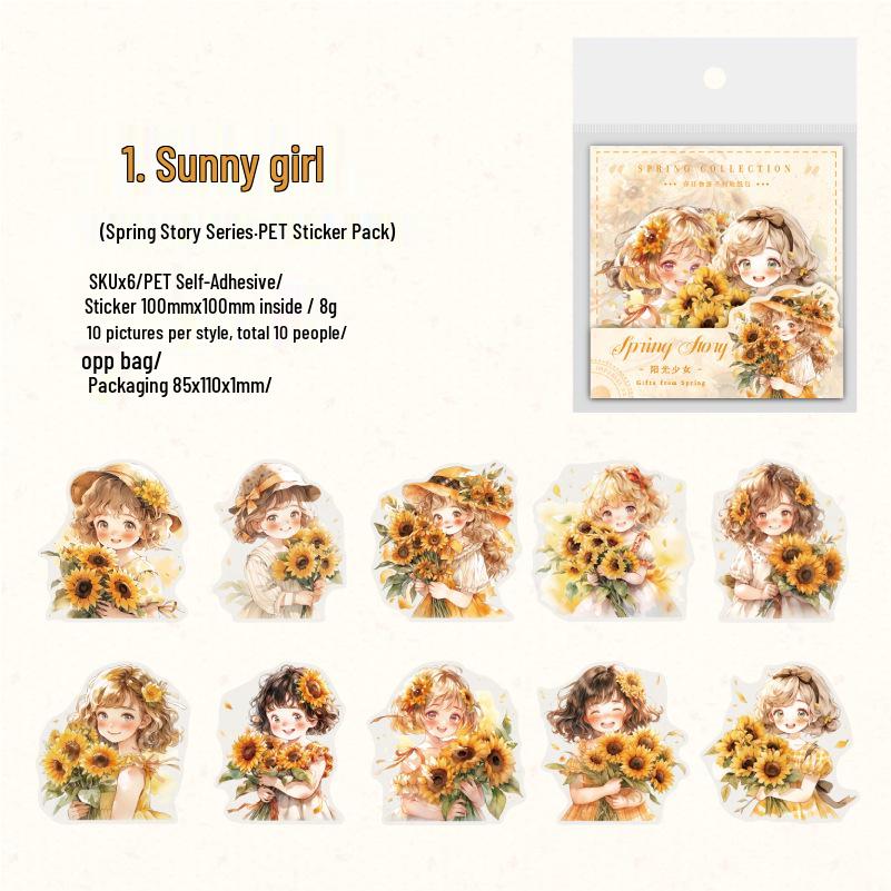 Yanji Spring Story PET Sticker Pack: Wreath Girl, Journal Decoration, Plant Bouquet Collage