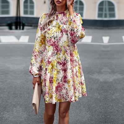 Vestido curto feminino com decote em O, manga comprida, solto, casual, estampado floral