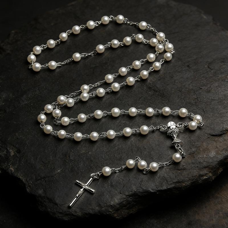 Catholic Rosary Glass Pearls Beads Necklace Crosses Crucifix First Communion Rosary with Chalice Crosses for Women Men