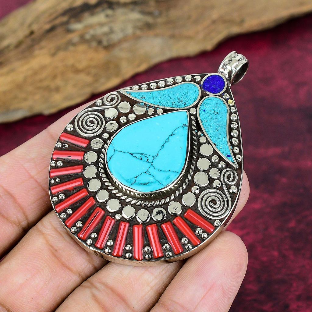 Türkis, Lapislazuli & Koralle Anhänger, 925 Massiv Sterlingsilber Edelstein Schmuck, Handgefertigter Nepalesischer Anhänger, Für Thanksgiving