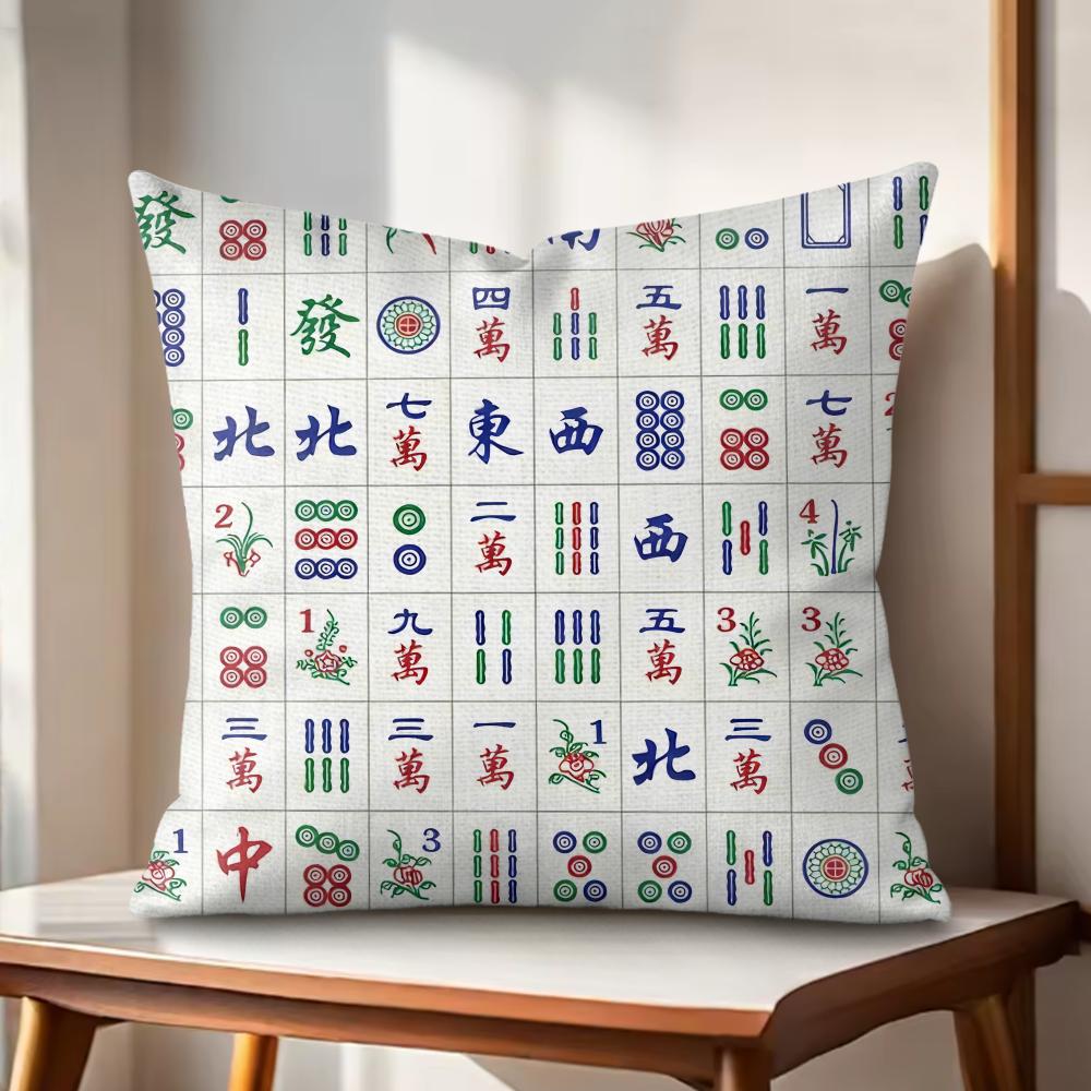 

Fun Mahjong Cushion Cover Natural Linen Organic Fabric DoubleSided Printing Couch Pillow Covers Home Decor 30x30cm