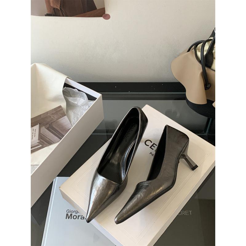 

Temperament socialite black single shoes women s spring and summer 2025 new pointed thin heels retro commuter shallow high heels 39 серебряный серый