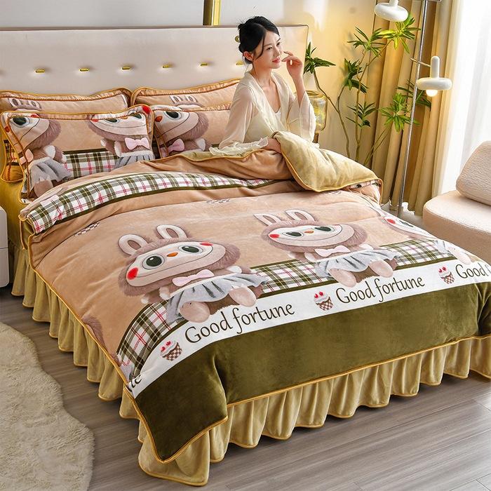 Thickened Milk Fleece Four-Piece Coral Fleece Quilt Cover, Bed Sheet Fleece Double-Sided Fleece Flannel Bedding, Bed Skirt