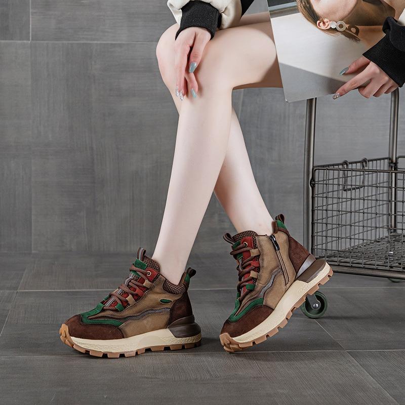 The First Layer of Cowhide Retro High-top Shoes for Women's Winter New Thick-soled Heightening Casual Cotton