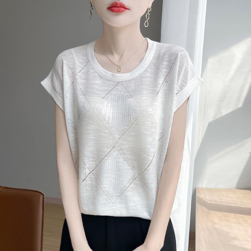 

Летний новый трикотажный свитер с круглым вырезом, футболка с короткими рукавами, женский пуловер с пайетками и ажурным узором, базовый слой L белый