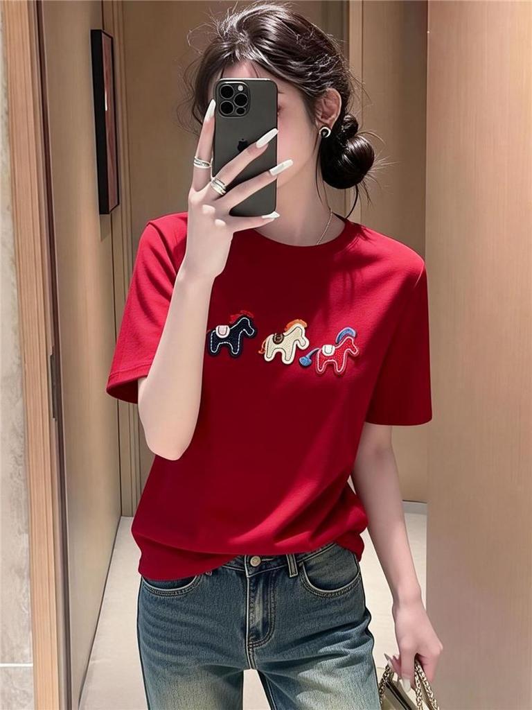 2026 New Year Early Spring Women's Faux Cashmere Loose Fit T-shirt with Horse Embroidery