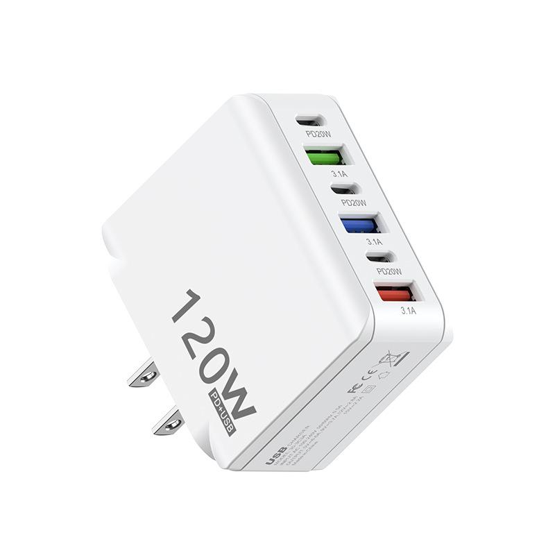 120W Fast Charger Six Ports Wall Plug Adapter USB C Charger Block Fast-Charging USB Charging Station For iPhone Samsung