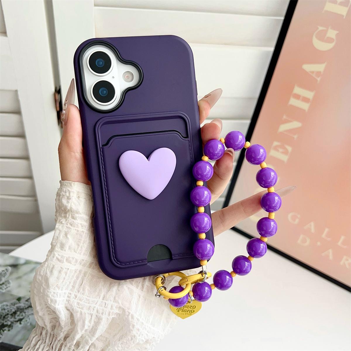 

Мягкий силиконовый чехол 3 в 1 для Apple iPhone 11 12 13 14 15 16E 16 Pro Max Plus с держателем для карт, ремешком на запястье, сердечком iPhone 15 Pro Max фиолетовый