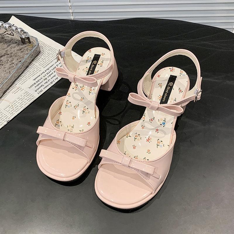 Gentle Bow Thick Heel Sandals Women's Summer New with Skirt Versatile One-word Belt Sandals