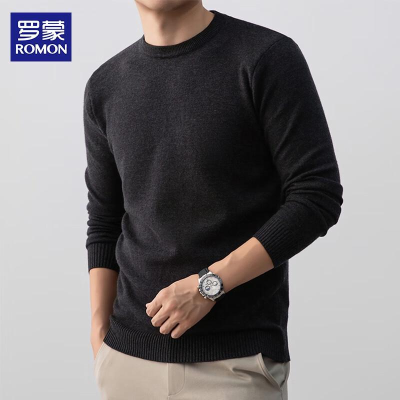ROMON Men's Solid Round Neck Long Sleeve Sweater