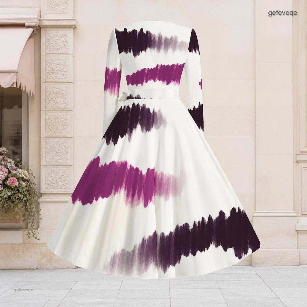 Women Plus Size V Neck Long Sleeve Printed White Purple Tie Waist A Line Flared Midi Dress