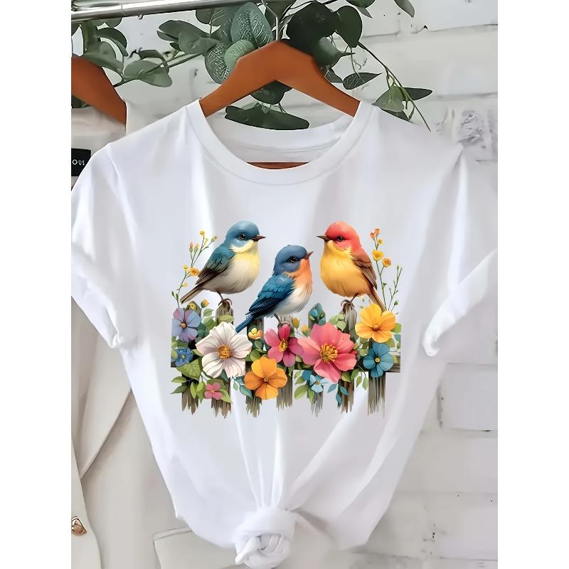 

European size Plus Size - T-Shirt with a Colorful Bird And Flower Design for Women - Easygoing, Loose Fit, Short Sleeves, Round Neck 4XL білий