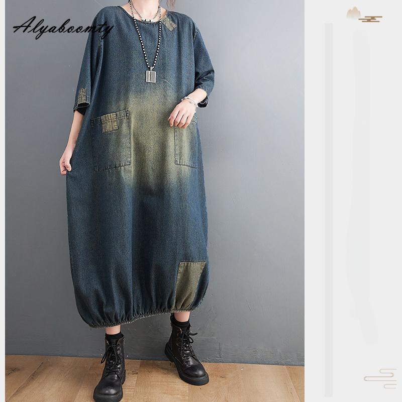 Plus Größe Frühling Sommer Frauen Denim Midi Kleid O Neck Patchwork Übergroßen Taschen Kleid Halbe Hülse Vintage Lose Kleid