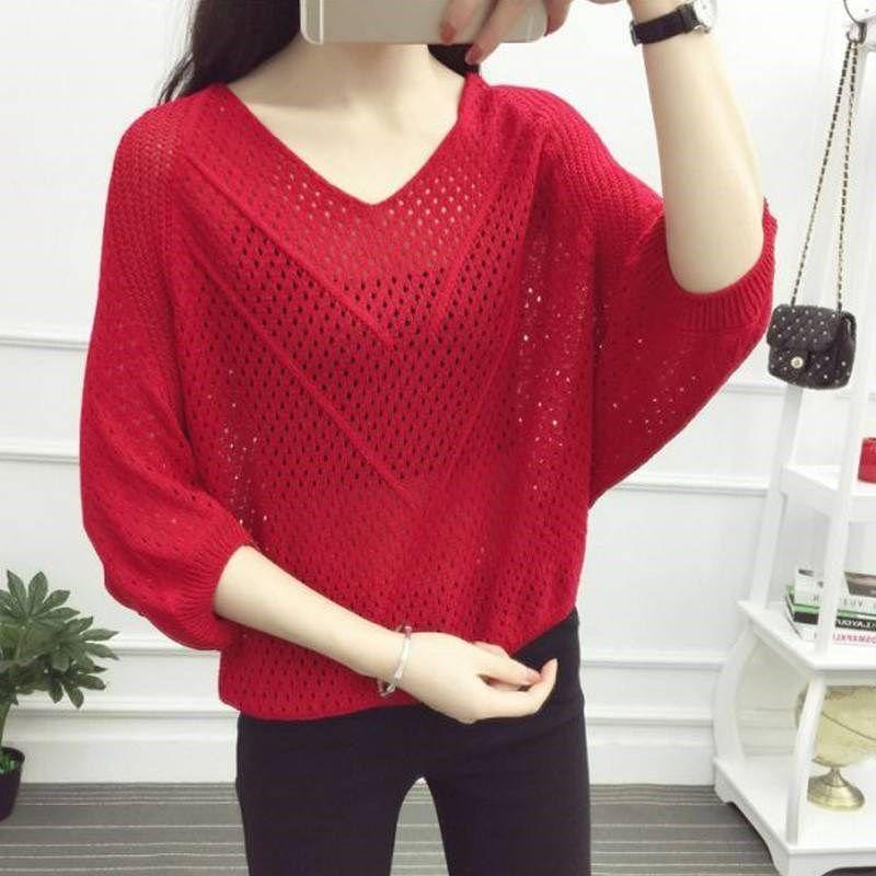 Spring Top Women's Loose Nail Beaded Mid Sleeve Sweater Base Shirt Spring/Summer Thin Hollow Knitted Sweater