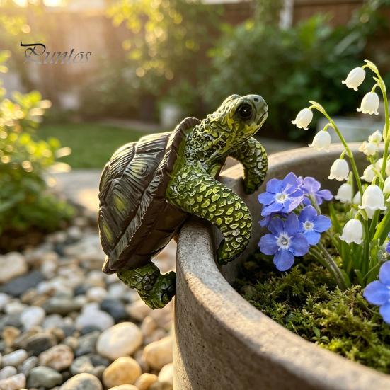 Cute Desktop Micro Landscape Decorations Climbing Turtle Flower Pot Huggers, Resin Animal Figurines for Planter Realistic Statues Pots Edges,