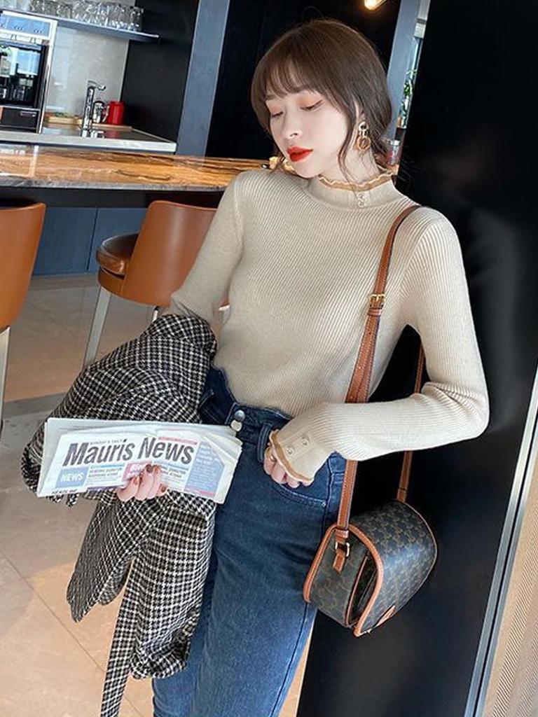 Ruffle Knit High Neck Sweater Tops Stylish Casual Tops Knit Sweater Home Coordination Loose Knit Individuality Emotional Pants Style Harajuku Harajuku