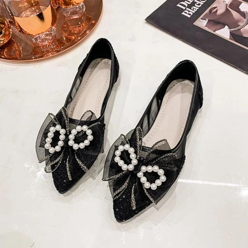 Woman Flats with Bow Shoes for Women Pearl Pointed Toe Popular Social Shoe Cheap Liquidation High Quality Fashion Spring 39 Y2k
