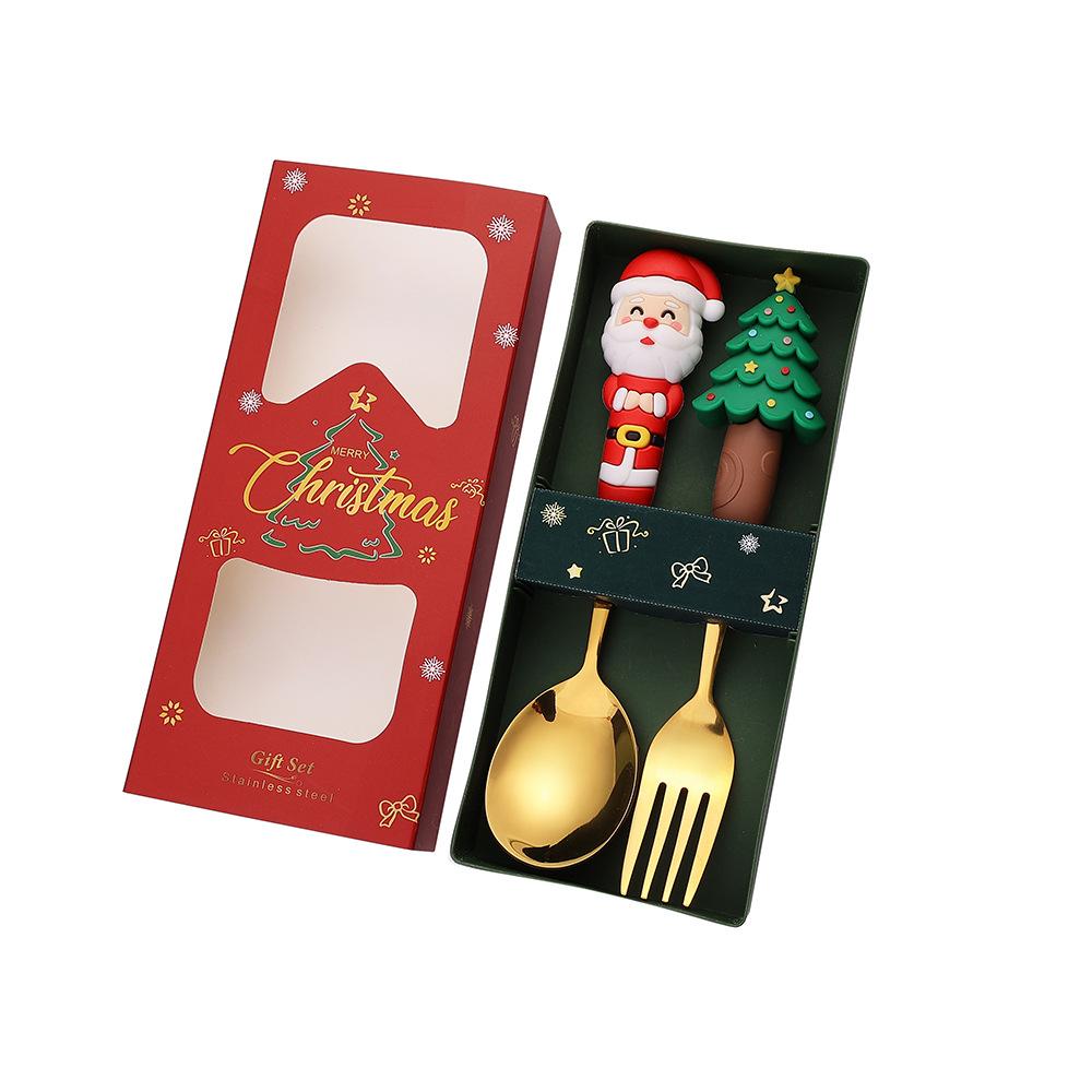 Christmas, Stainless Steel Spoon and Fork Set Santa Spoon Fruit Fork Tableware Gift Box