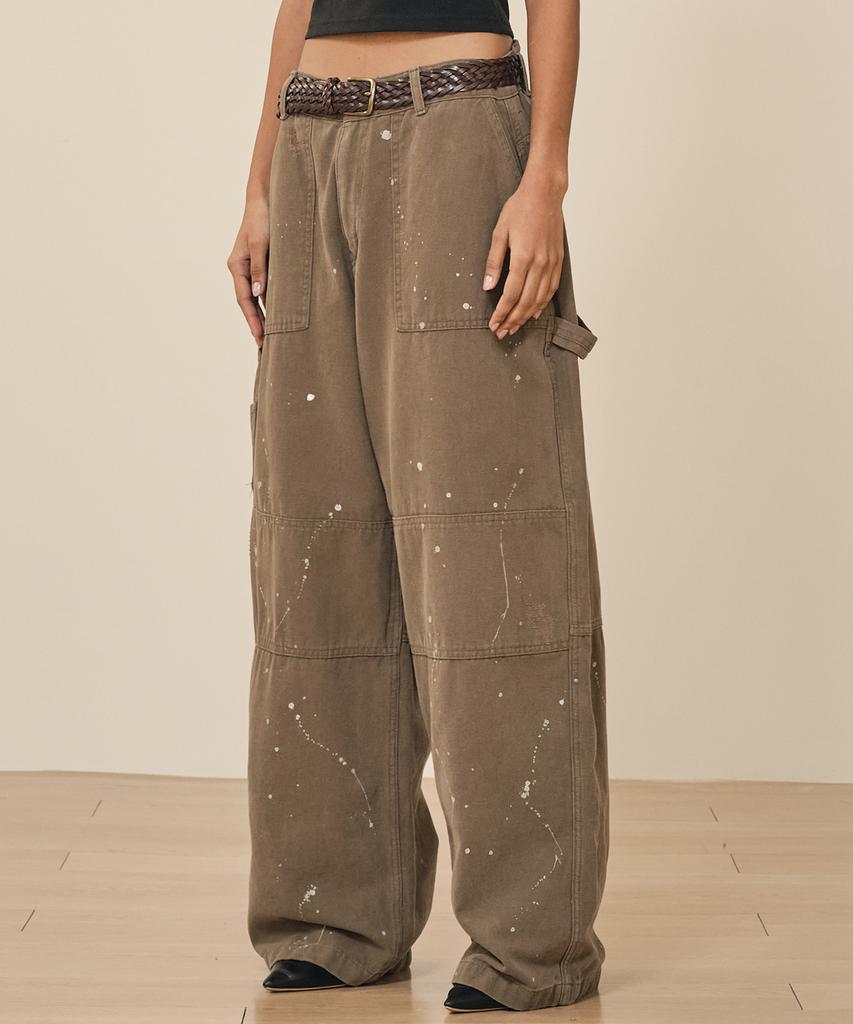 TAKEASY Damaged Painted Carpenter Pants (Deep Olive)