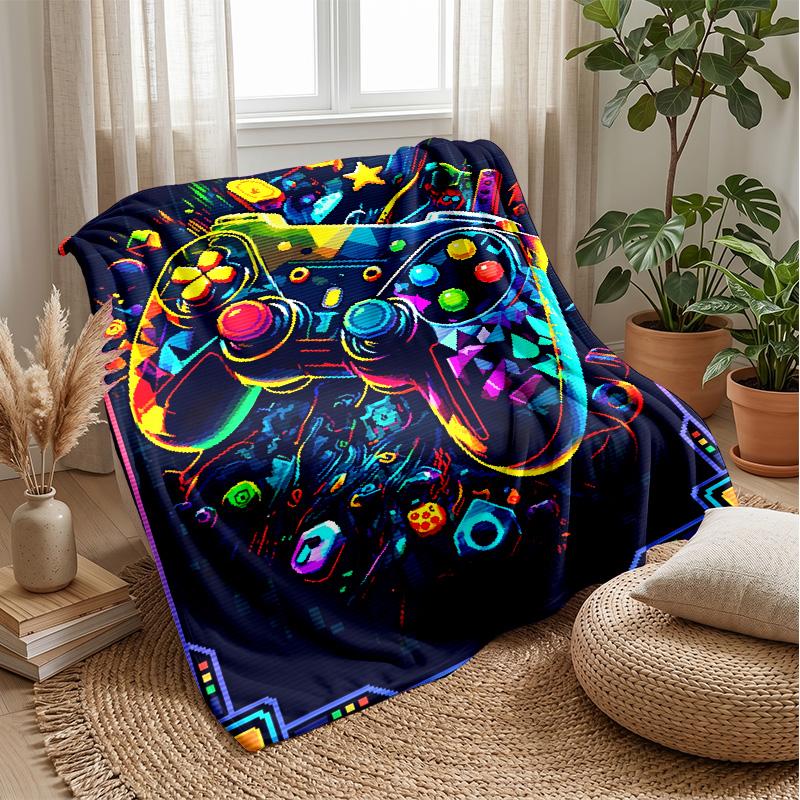 Neon Tech Game Controller Theme Blanket Lightweight Warm Flannel Blanket Decorative Throw Blanket for Home Decoration