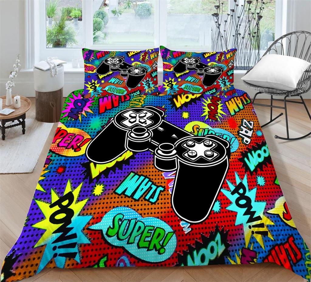 3D Bedding Single Double Bed Game Machine Printed Pillowcase and Quilt Cover 2/3 Pieces for Boys and Men Game Lovers Comfortable Household Bedding