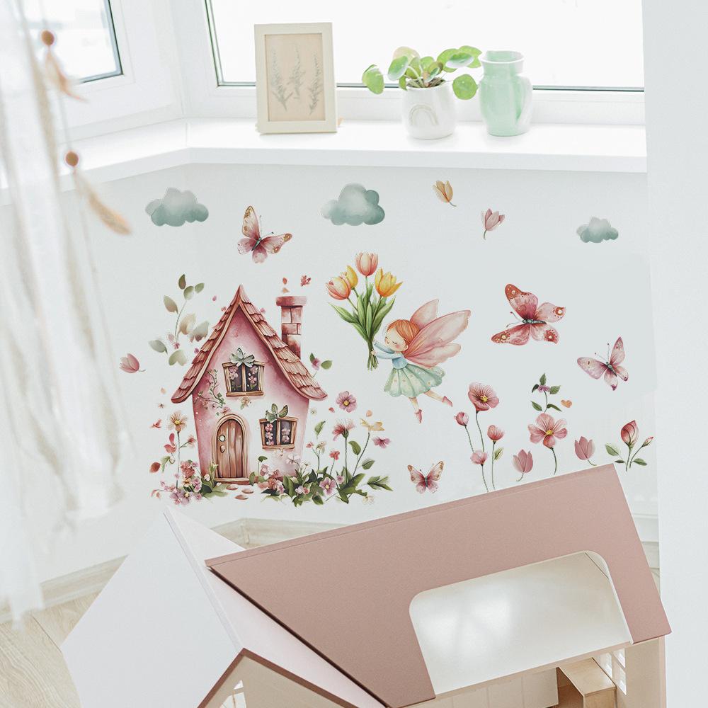 Fairy Tale Cartoon House with Flowers Wall Sticker Dreamy Self-Adhesive Decor for Kids Bedroom Living Room Nursery Wall Art