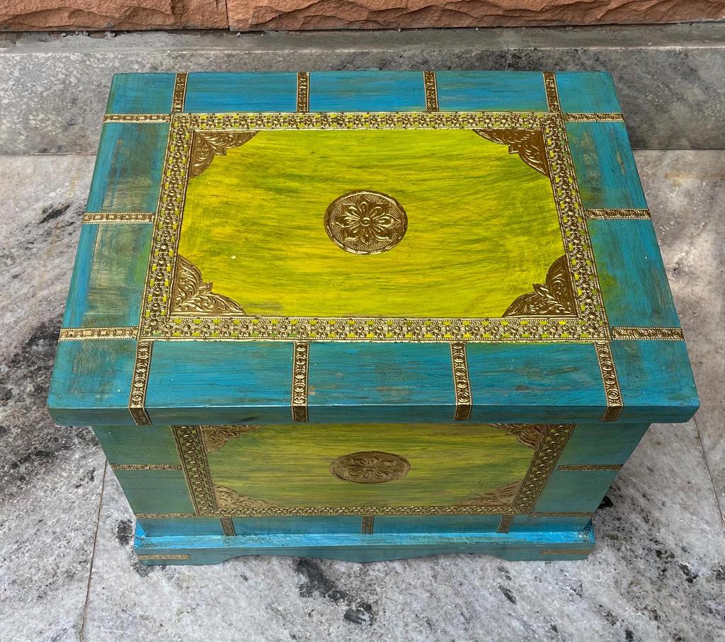 Wooden Painted Brass Trunk Storage Box-Wooden Storage Chest with Brass Accents Unique Bohemian Trunk Box-Drum Chest Home Decor Furniture