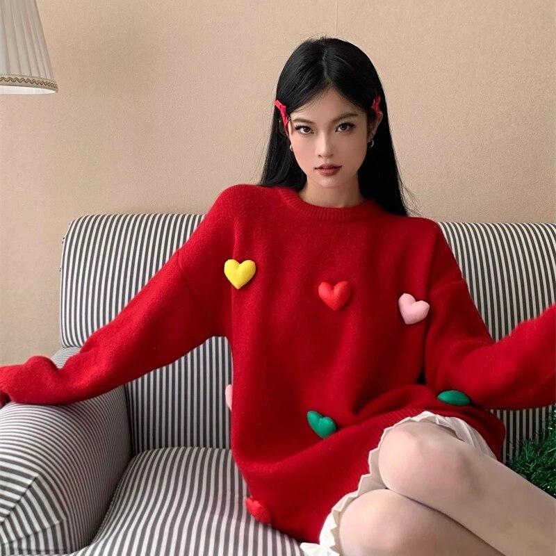 

Рождественский женский свитер с объемным принтом Love и круглым вырезом, женский трикотаж, осень-зима 2023, новый винтажный свободный пуловер в ленивом стиле onesize чёрный