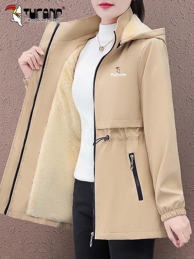 Women's Mid-length Hooded Windproof Fleece-Lined Jacket - Autumn/Winter 2025 Style