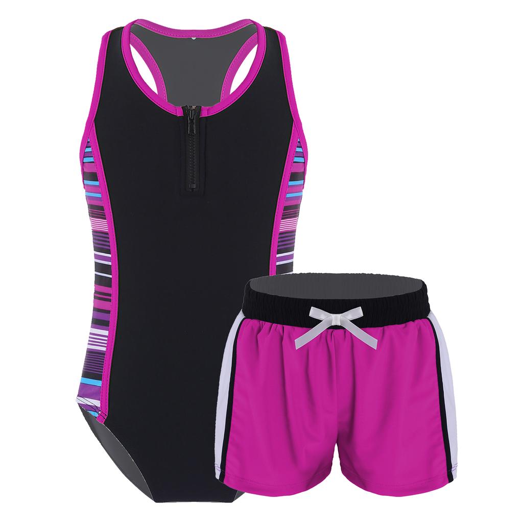 Girls One Piece Swimsuit Set Sleeveless Racer Back Design Matching Boyshorts Beach Swimwear Outfit