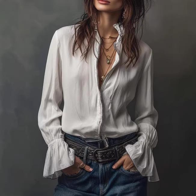 Women s Versatile Loose Long Sleeve Zipper Solid Color Round Neck Top S чёрный