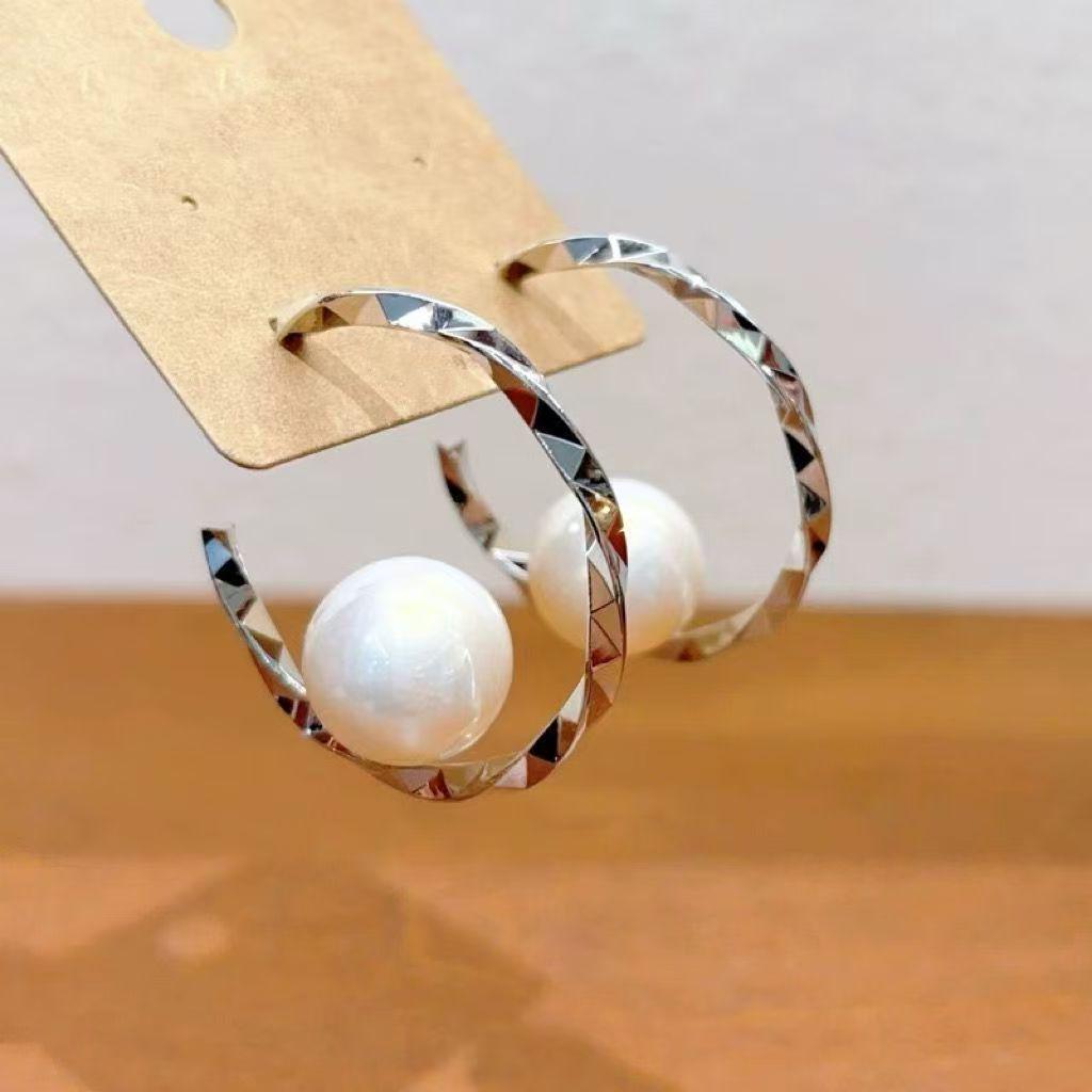 Electroplated Silver C-Shaped Faux Pearl Earrings - French Retro Light Luxury Studs for Women
