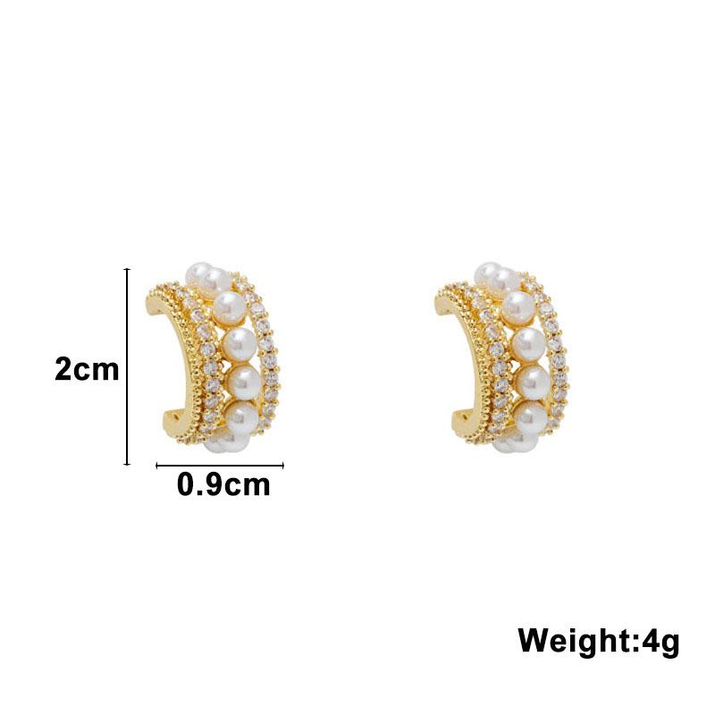 Multi-layers Pearl Women's Stud Earrings C-shaped Gold Color Metal Small Earrings Full Rhinestone Chic Lovely Ear Decor
