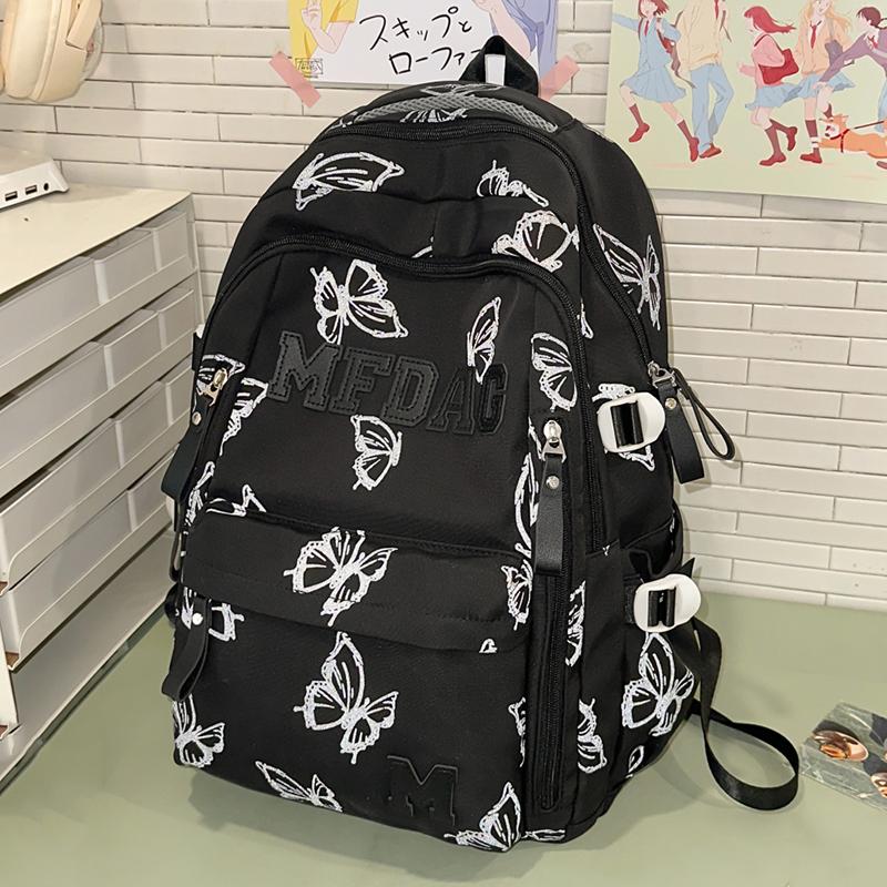 Fashionable Butterfly Printed Backpack Large Capacity Nylon Backpack Student Backpack with Multiple Pockets Suitable for Daily and Student Use